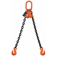 This double-leg chain sling features grade-100 alloy steel construction with 9/32 in chain and alloy steel grab hooks. The adjustable-length design allows for versatile rigging configurations in overhead lifting and material handling applications.