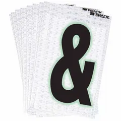 Individual character label featuring a black Gothic ampersand (&) on a silver reflective background. Die-cut 10-pack for indoor/outdoor use. Suitable for industrial signage, pipe marking, and equipment identification where clear, durable labeling is required.