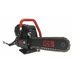 Gas-powered chain saw with a 16 in bar length, delivering 6.4 horsepower at 9300 +/- 150 RPM. Features a two-stroke, air-cooled engine requiring a 50:1 gas/oil mix. Used for cutting reinforced concrete, masonry, stone, and pipe in construction, demolition, and renovation.