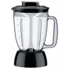 Blender container assembly with lid and blade, made of polycarbonate in black/clear. Includes blade collar. Compatible with WARING COMMERCIAL BB180S blenders. Used in commercial foodservice for blending beverages, sauces, and purees.