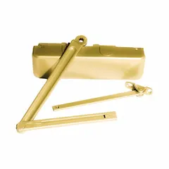 Grade 1 heavy duty adjustable-mount door closer in bronze finish, non-hold open type with adjustable spring size 4. Measures 10 3/8 in length by 2 7/8 in width. Suitable for interior or exterior use on commercial or industrial doors requiring controlled closing speed and ADA compliance.
