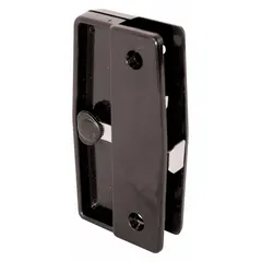 This sliding handle and latch kit is designed for use on sliding screen doors, providing the necessary latch and pull components for operation. The kit measures 4 inches in overall height and 2 inches in overall length, with a black, unfinished finish.