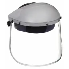 This SELLSTROM face shield features a clear, uncoated, reusable polycarbonate visor measuring 8 inches high by 15 1/2 inches wide. The gray headgear provides a secure fit. Suitable for splash and impact protection in industrial environments such as machining, material handling, and maintenance tasks.