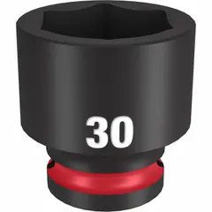 This 1/2" drive impact socket features a 30 mm metric, 6-point design. It is intended for use with impact tools to fasten or loosen hex fasteners. The socket has a black phosphate finish.