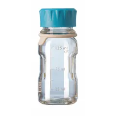This DURAN glass media bottle has a 125 mL capacity, a colorless body, and a wide mouth with a GL45 screw thread. The screw-on closure is included. It is commonly used for storing, mixing, and dispensing culture media, buffers, and laboratory reagents in microbiology and cell culture applications.