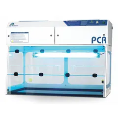 This PCR enclosure from AIR SCIENCE provides a controlled workspace for polymerase chain reaction procedures. Fully assembled, it includes a blower, base/stand, and work surface. The white unit measures 4 ft wide, 35 in high, and 27 in deep.