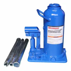 This manual-handle-operated bottle jack has a 12-ton load capacity and a steel body. It is designed for high-clearance lifting applications, commonly used in vehicle maintenance and industrial equipment servicing.