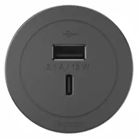Round recessed-mount furniture power strip with a 10 ft cord and right-angle plug. Provides a Type C USB charging port. Non-NEMA rated, 2 in width, black finish. Suitable for desks, tables, or workstations requiring a flush power solution