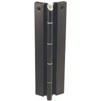This full surface-mount piano hinge is designed for continuous support along the entire length of a door or panel. It is constructed from aluminum for corrosion resistance and features a screw-on installation. Typical applications include industrial enclosures, access panels, and equipment cabinets requiring a long, continuous hinge