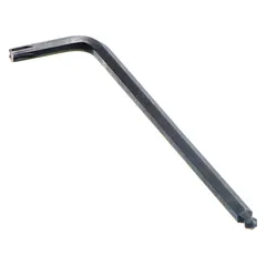 L-shaped ball end Torx key with T9 tip size for driving Torx fasteners. Single ball end allows angled access in confined spaces. Made from alloy steel with black oxide finish. Designed for long-reach applications in assembly, repair, and maintenance tasks.