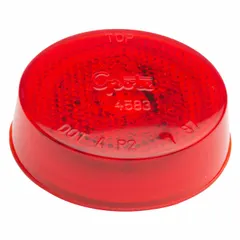 Red LED clearance marker lamp with a round shape and grommet mount. Features a 2-1/2 in overall diameter, PL-10 electrical connector, and SAE Lens Code P2. Used on trucks, trailers, and heavy equipment to mark vehicle width and height.