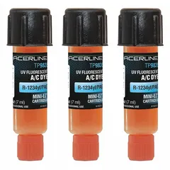 Three 0.25 oz cartridges of A/C dye formulated for use with R-1234yf refrigerant and PAG oil. Used to refill dye in automotive air conditioning systems for leak detection under UV light.