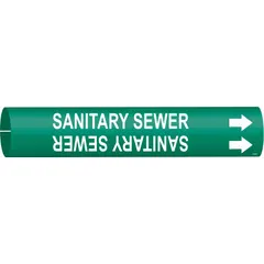 Pipe marker with green background and white legend reading 'Sanitary Sewer', including directional arrows. Fits pipe outer diameters from 2-1/2 to 3-7/8 inches. Used to identify sanitary sewer lines in industrial and municipal facilities for clear pipe content and flow direction indication.