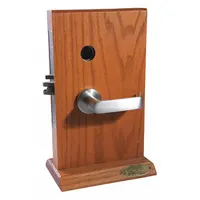 This classroom lever lockset features an ANSI F05 function, allowing key-locking from outside with free egress inside. The visual indicator displays locked/unlocked status. Finished in satin chromium-plated forged brass with L Rhodes style. Not ADA compliant or ligature-resistant