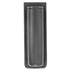 This duty equipment pouch is made of black synthetic leather with a plain finish. It measures 6 inches by 2 1/4 inches and features an open closure. Suitable for carrying a flashlight on a duty belt.