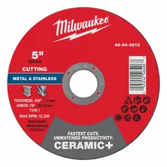 Type 1 cut-off wheel with ceramic abrasive and 46 grit. Dimensions: 5" diameter, 0.045" thickness, 7/8" arbor. Cool-Cutting formulation reduces heat buildup for cutting carbon and stainless steel. Used in metal fabrication, maintenance, and repair.