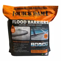 This water-activated flood barrier consists of a black polypropylene bag containing a polymer that expands upon contact with fresh water. It measures 3 1/2 inches in height and 9 inches in width. Used for temporary flood control in doorways, equipment areas, and other openings to mitigate rising water