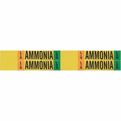 This ammonia pipe marker is designed for low-pressure LIQ-phase lines in industrial refrigeration systems. It fits pipe outer diameters from 3/4 to 2-3/8 inches and comes in a pack of 4 markers without arrows. The adhesive-backed markers provide clear identification to help comply with IIAR labeling standards.