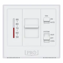 Square analog thermostat for heat and cool applications, operating on 24V AC. Features manual changeover with system settings Cool-Heat-Off, exposed dial control, and fan settings Auto-On-Circulate. Temperature control range 50° to 90°F with 1°F differential. Terminal designations include Y, B/G/O/RC/RH/W. Mounts vertically.