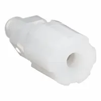 This PARGRIP compression fitting adapter connects 1/4 in OD PFA tubing to 1/8 in male NPT threaded ports. Made of FDA-approved PFA, it is suitable for high-purity fluid handling in industrial applications requiring corrosion resistance