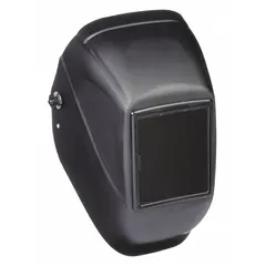 Passive welding helmet with fixed W10 shade for arc welding protection. Features a black thermoplastic shell, 5.25 x 4.50 in viewing area, 2 arc sensors, analog controls, and ratchet suspension adjustment. Suitable for stick, MIG, and TIG welding in industrial fabrication.