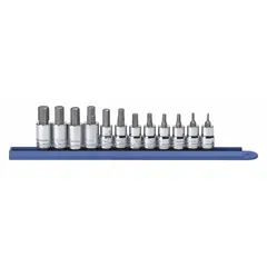 This 25-piece hex bit socket set includes 12 metric sizes from 2 mm to 12 mm. The fixed insert design and 3/8 in drive are suited for driving hex fasteners in automotive repair, machinery assembly, and industrial maintenance.