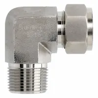 This stainless steel compression fitting elbow is designed for connecting 1/16 in OD tubing to 1/16 in pipe threads. It is clean and bagged for use in instrumentation, analytical, and high-purity fluid systems. The single-ferrule design provides leak-free sealing in confined spaces. Compatible with Parker CPI fittings