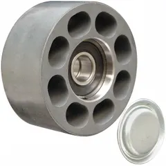 Steel serpentine flat idler pulley with flangeless flange design for heavy-duty applications. Maintains belt tension and alignment in vehicle accessory belt drive systems, reducing vibration and extending belt life.