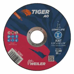 General purpose cut-off wheel for carbon and stainless steel. Type 1 wheel with 36-grit aluminum oxide. Dimensions: 4-1/2" diameter, 1/16" thickness, 7/8" arbor hole. Suitable for cutting, slotting, and parting operations in metal fabrication and maintenance.