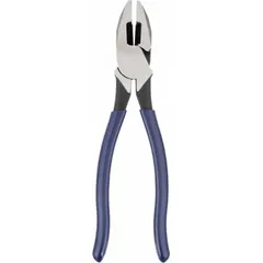 Multipurpose lineman's pliers with a 9 3/8 in overall length, 1 5/8 in jaw length, 1 1/4 in jaw width, and 5/8 in jaw thickness. Features a dipped handle and a conduit reaming nose for flat gripping and reaming tasks. Suitable for gripping, twisting, and cutting wire in electrical and general maintenance work.