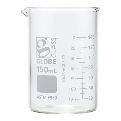 GLOBE SCIENTIFIC Beaker: 150 mL, 5.07 fl oz, A, Low Form, Type I, White - Color Coded Low Form Glass Beakers