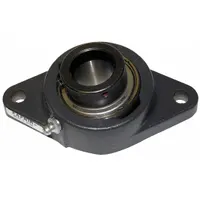 Cast iron two-bolt flange unit with a 2 in cylindrical bore and eccentric collar locking. Pre-lubricated with NLGI #2 equivalent grease. Mounting bolt size is 5/8 in; overall length is 8 1/2 in. Suitable for radial load support in conveyors, fans, and material handling systems