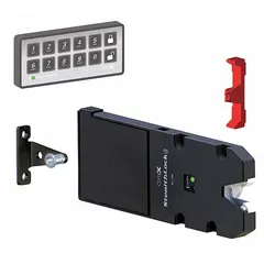 Electronic keypad cabinet and locker lock with receiver latch. Body height 1 1/2 inches, width 3 3/8 inches. Suitable for securing cabinets, lockers, and storage units in commercial, industrial, and institutional settings where keyless access control is desired.
