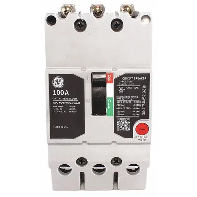 GE Molded Case Circuit Breaker: 100 A Amps, 65kA at 277/480V AC, Fixed, Lug - TEY-Frame GE Molded Case Circuit Breakers