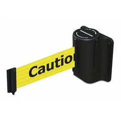 Wall-mount retractable belt barrier with fixed mounting plate. Yellow belt extends 7 1/2 ft and retracts automatically. Black caution messaging on belt. Black frame. Used for crowd control and to designate restricted or hazardous areas in facilities, airports, and public spaces.