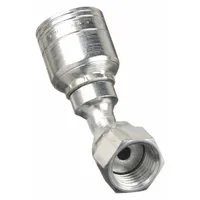 Steel 45° elbow crimp fitting with ORS (O-Ring Seal) connection for hydraulic hose assembly. Female x genderless design, -16 hose dash size, 1-7/16"-12 thread. Used in hydraulic systems requiring leak-resistant sealing