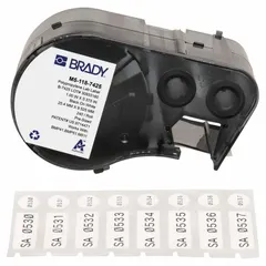 Thermal transfer precut label roll cartridge containing rectangle labels (3/8 in x 1 in) made of Cryogenic Autoclavable Polypropylene. Designed for vial/tube sizes of 0.5 to 0.7 mL and compatible with the M510 printer series. Used for laboratory sample identification in cryogenic and autoclave environments.