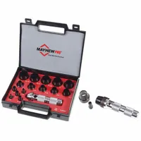 This 36-piece hollow punch set is used for cutting clean holes in light sheet metal for gasket fabrication. Punches are available in SAE sizes: 5/8 in, 1 in, 1 3/8 in, 1 5/8 in, 2 1/4 in, 2 3/4 in, and 4 3/8 in. Overall length is 1-5/16 in. Set includes a storage case