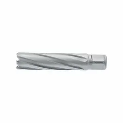 Carbide-tipped annular cutter with a 5/8 in diameter and 3 in maximum cutting depth. Bright finish with Weldon Flat shank. Designed for cutting tough materials in industrial applications such as structural steel and heavy fabrication.