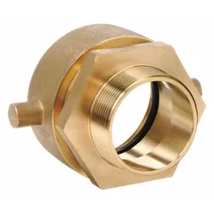 This brass cast adapter connects fire hoses with NH threads to NPT threaded equipment. It is used in fire protection systems, hydrants, and standpipes to transition between hose and pipe connections. Fitting size: 2-1/2 in x 2 in, connection type: NH x NPT, straight configuration.