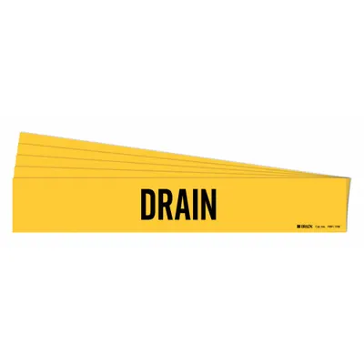 BRADY Pipe Marker: Drain, Yellow, Black, Fits 8 in and Larger Pipe O.D., 1 Pipe Markers - Drain Adhesive Pipe Markers