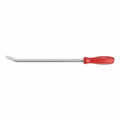 Pry bar with chisel end, 18 in overall length, 3/8 in bar width, and 5/8 in end width. Features a Hammer-Ready Strike Cap for use with hammers. No nail slots. Suitable for prying, scraping, and demolition tasks in construction and maintenance.