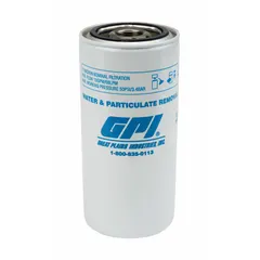Disposable canister fuel filter for removal of water and particulate from fuel. Compatible with GPI M-150S model. Designed for straightforward replacement during routine maintenance in fuel transfer systems.