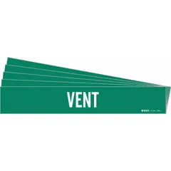 Green adhesive pipe marker with white legend reading 'Vent', without arrows. Fits pipe outer diameters from 2-1/2 to 7-7/8 inches. Sold in a 5-pack. Used to identify vent piping in industrial, HVAC, and process piping systems.