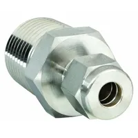 This double-ferrule stainless steel fitting connects 5/8 in OD tubing to 1/2 in male NPT pipe threads. The compression x MNPT configuration provides a leak-tight seal in fluid systems. Compatible with Let-Lok fitting brands