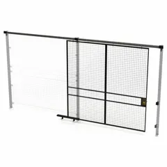 This slide door is a quick-assemble woven-wire partition component for industrial storage areas. It provides secure access control in warehouses, distribution centers, and manufacturing facilities, allowing visibility and airflow while separating inventory or equipment. Constructed of steel with a black powder-coated finish.
