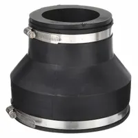 This flexible transition pipe fitting connects pipes of different materials, including copper, iron, PVC, and steel, in above-ground plumbing and industrial systems. It accommodates pipe sizes from 3 to 6 inches and has an overall length of 5-3/4 inches. The fitting features a PVC body with a stainless steel band and steel hardware for a leak-resistant joint