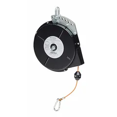 Steel construction tool balancer with ratchet locking mechanism. Supports tools weighing up to 10 lb. Includes 8 ft steel cable with spring clip for smooth retraction. Used in assembly, maintenance, and production lines to suspend handheld tools and reduce operator fatigue.