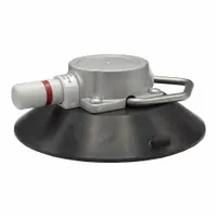 This suction-cup equipment holder features a tie-down bail and a pull-tab release mechanism. It is designed for temporary mounting on flat surfaces and supports a maximum load of 70 lb. Typical applications include securing tools, antennas, or other gear where a non-marring hold is required