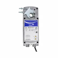 This proportional spring return actuator delivers 177 in-lb torque for modulating dampers in HVAC systems. It operates on 24V AC/DC with a 90° stroke and CW/CCW rotation, featuring a self-centering clamping shaft and hardwired connection. Rated NEMA 2 / IP54, it provides fail-safe spring return on power loss for building automation applications.
